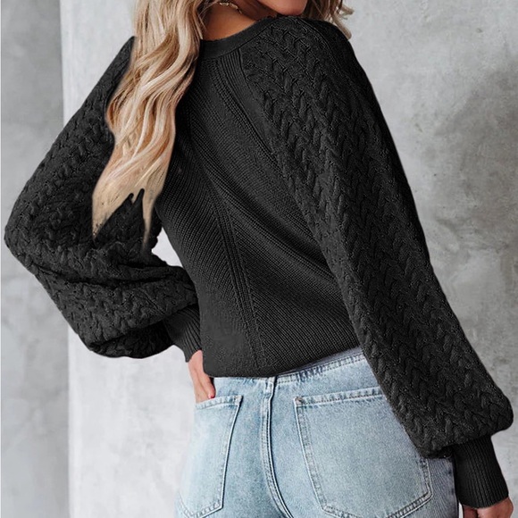 Black Puff Sleeve V Neck Sweater. - Picture 3 of 3
